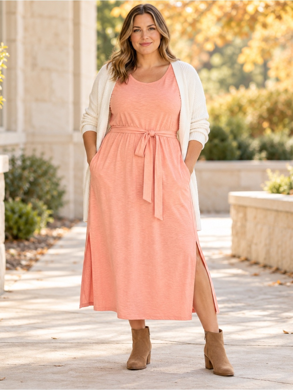 NWT Amazon Essentials Peach Cotton Midi Dress XL Pockets Tie Waist Short Sleeve